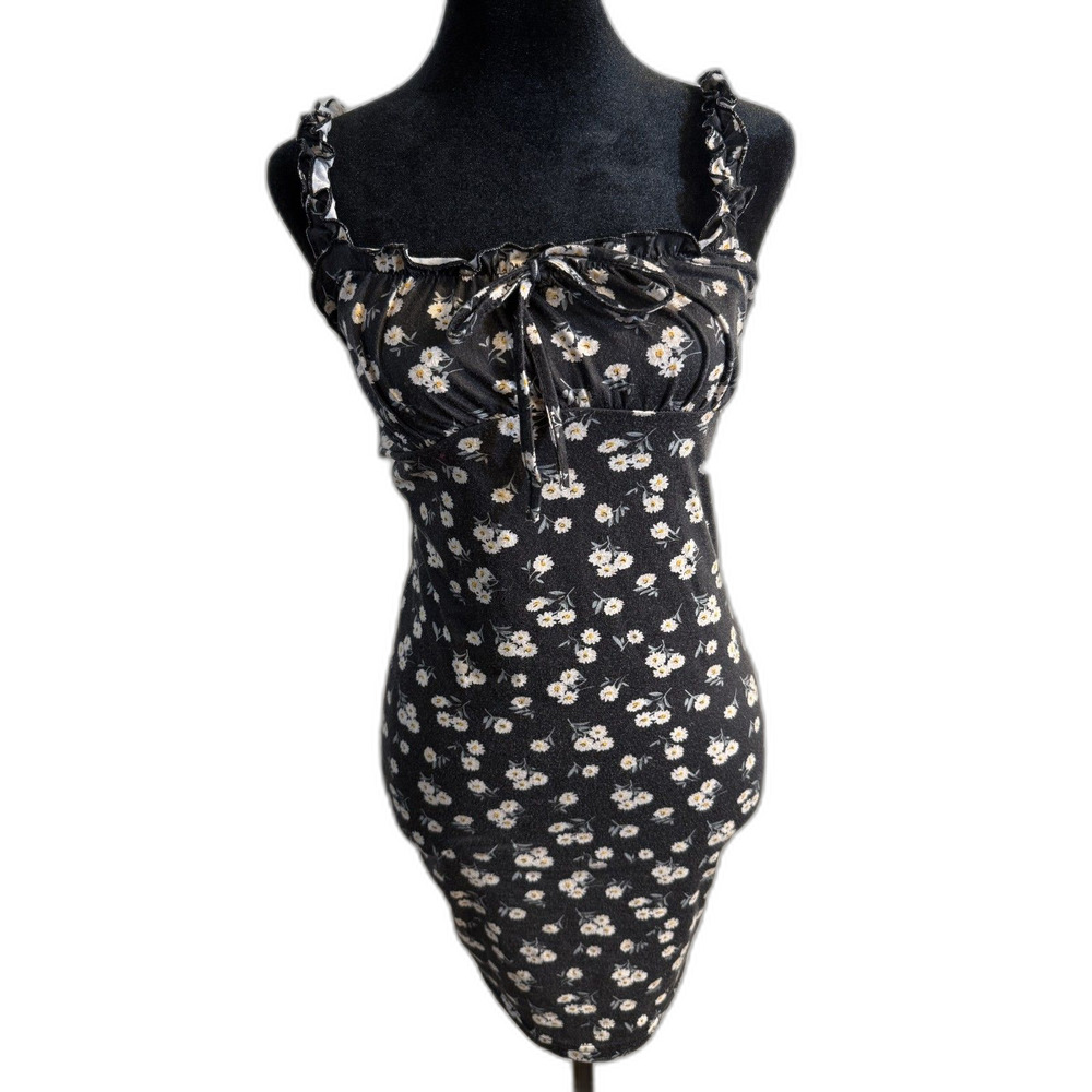 Black Daisy Print Ruffle Mini Dress — Ruffle Straps, Bodycon, Size S